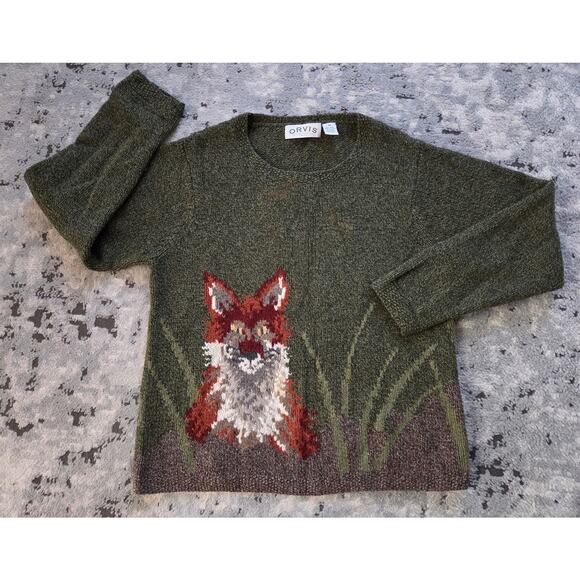 Orvis Sweaters - Orvis 100% Wool Green Sweater- Fox Animal Cozy Grandpa Size Medium